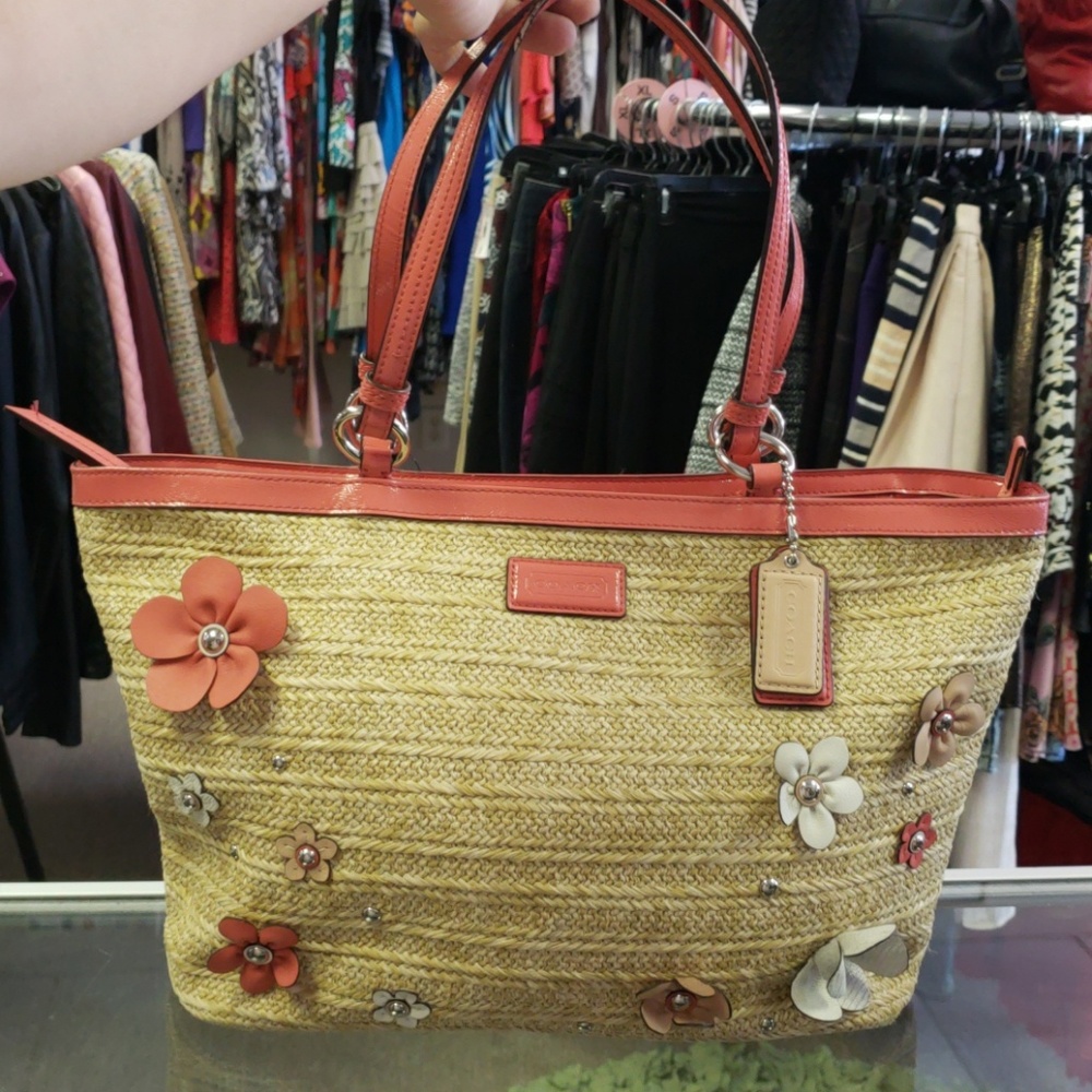 Coach straw and leather flower tote bag purse